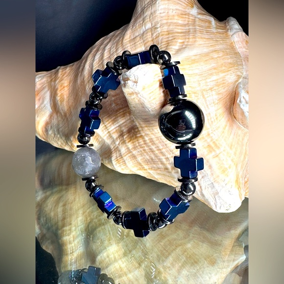 HEMATITE + QUARTZ NATURAL STONES  BRACELET size 7” - Picture 3 of 16